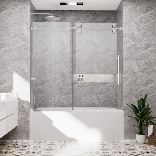 60 in. W x 66 in. H Single Sliding Frameless Tub Door in Chrome with Smooth Sliding and 3/8 in. SGCC Clear Glass