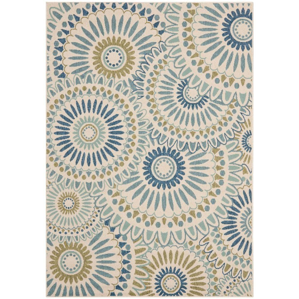 Cream and Green Floral Synthetic Indoor/Outdoor Rug