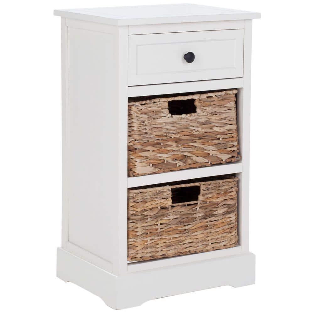 Transitional White Pine Storage Side Table with Wicker Baskets