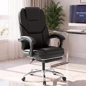 Leather High Back Footrest Home Office Chair, Reclining Ergonomic Executive Chair in Black with Lumbar Massage Support