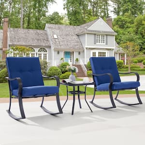3-Piece Metal Frame Outdoor Bistro Set 2 Rocking Chairs with Blue Cushions and Tempered Glass Side Table