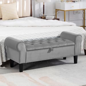 48.43 in. W x 17.72 in. D x 19.29 in. H Grey Tufted Brushed Velvet Armed Storage Bedroom Bench with Rubberwood Legs
