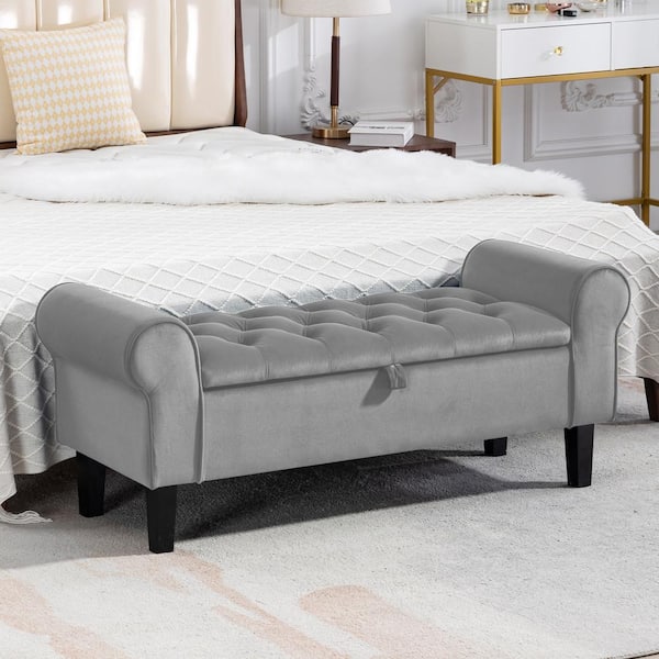 JEAREY 48.43 in. W x 17.72 in. D x 19.29 in. H Grey Tufted Brushed Velvet Armed Storage Bedroom Bench with Rubberwood Legs