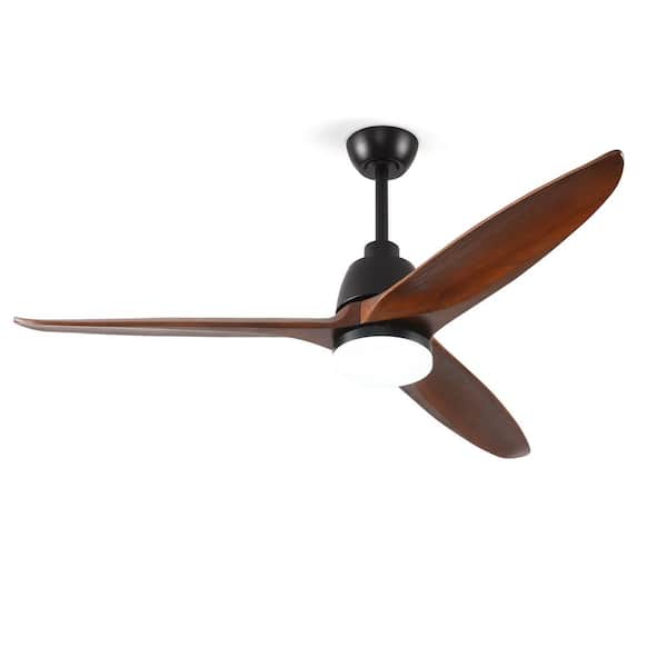 52 in. Smart Black Solid Wood Brown Blades 2-Size Downrod Mount Standard Ceiling Fan with 3-Color Dimmable LED Light
