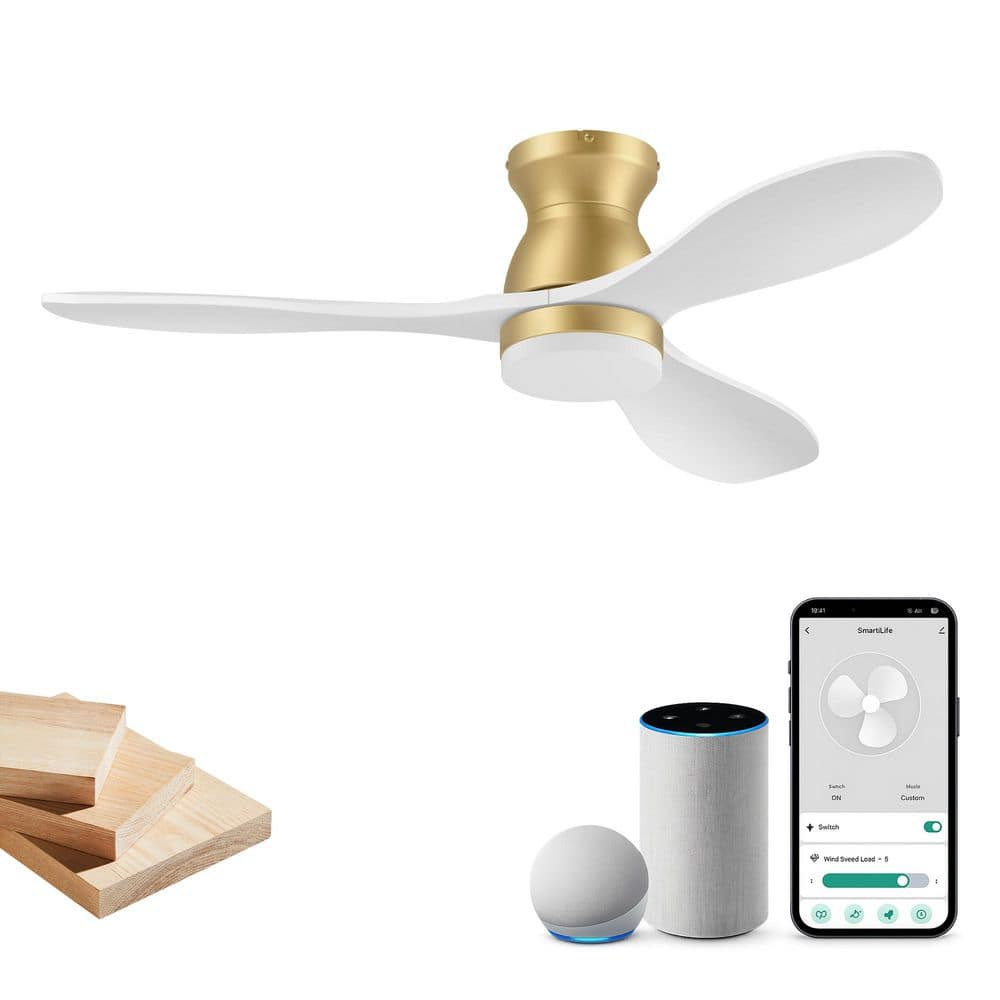 42 in. Modern Wood Flush Mount Ceiling Fan,Solid Wood Blades,Dimmable,Voice via Alexa/APP/Remote,WhiteandGold