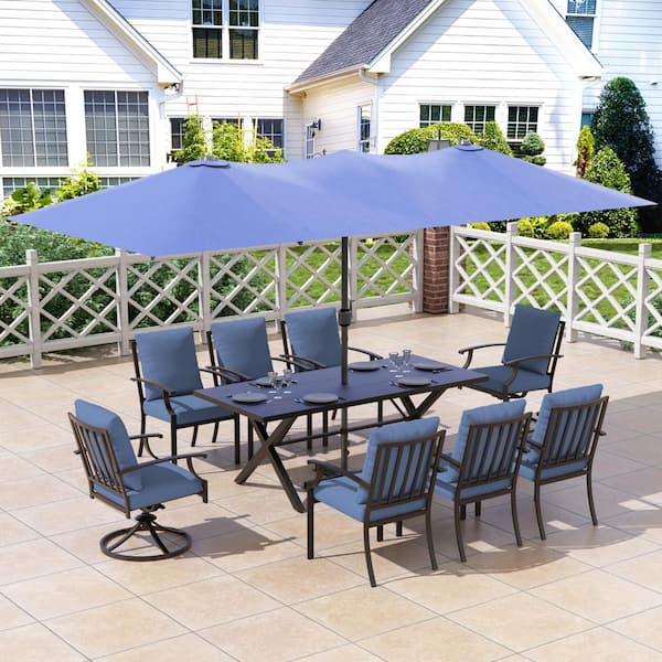10-Piece Metal Patio Outdoor Dining Set w/ Swivel Chairs, Rectangular Table, Double-Sided Umbrella and Navy Blue Cushion