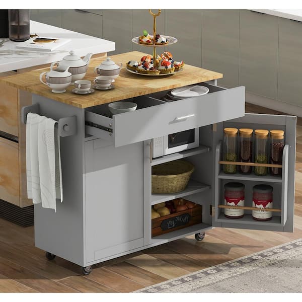 ARTCHIRLY Grey Rubber Wood Top 39 in. Kitchen Island with Drop Leaf, Cabinet door internal storage racks and Spacious Drawers