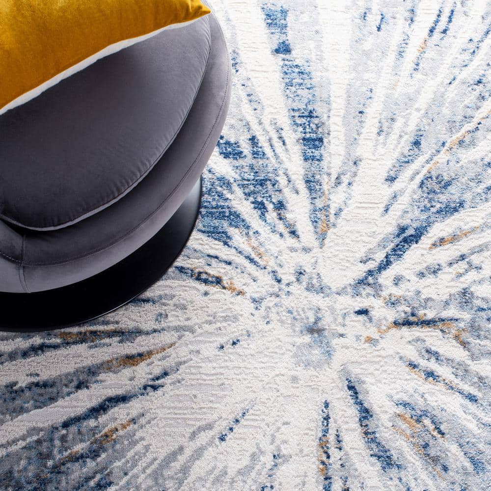 Amelia Round Grey and Blue Abstract Synthetic Rug