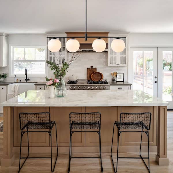 Lucie 45.28 in. 4-Light Modern Black Linear Kitchen Island Pendant with Opal Glass Shade