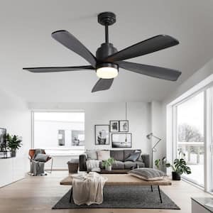 52 in. Indoor/Outdoor Smart Downrod Black Wood Ceiling Fan with LED Light and APP Remote Control