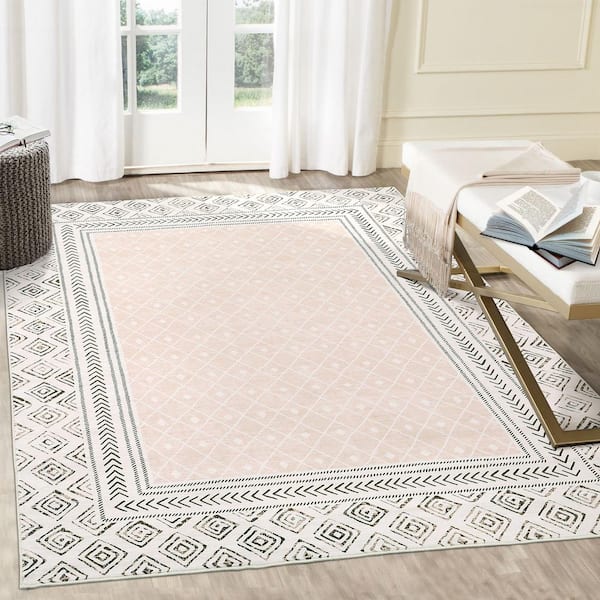 Border Printed Carpet Washable Living Room Decoration for Bedroom Hallway Office Bedside Beige, 5 ft. x 7 ft. Area Rug
