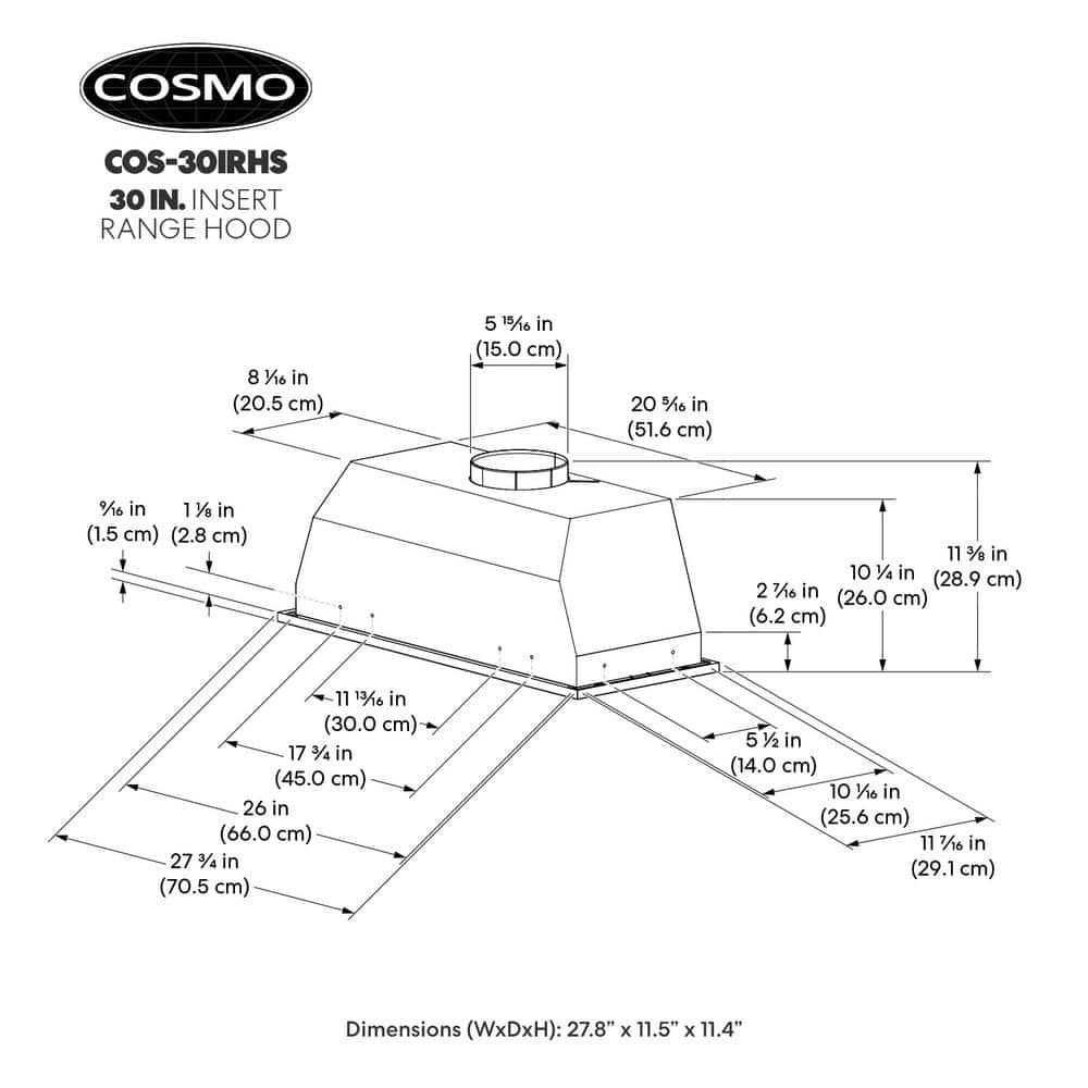 Cosmo 30-Inch Stainless Steel Insert Range Hood with LED Lights