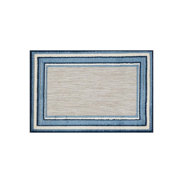 Coastal Border Design Indoor/Outdoor High-Low Textured, Coastal Border, Easy-Clean Patio 2 ft. x 3 ft. Navy Area Rug