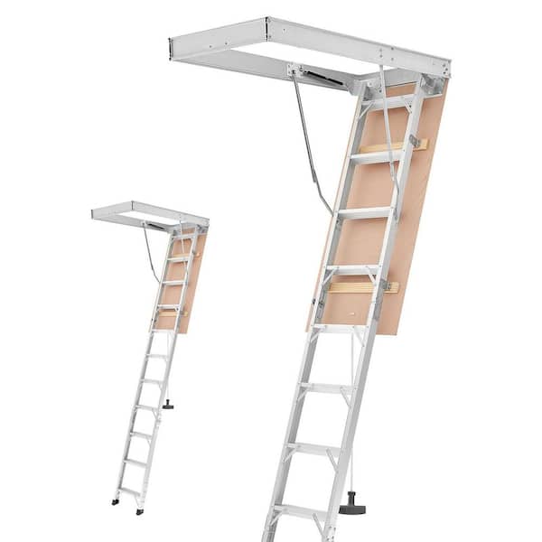 Aluminum Attic Ladder 54in. x 22.5in. Opening, 375lbs. Load Capacity Fits 9.8ft.-10.3ft./7.66ft.-9.8ft. Ceiling Height