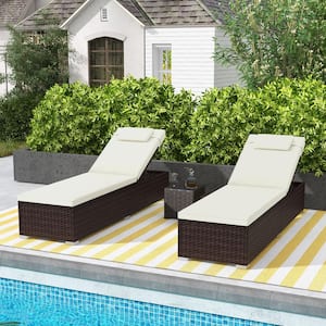 Set of 2 Mix Brown Wicker Outdoor Chaise Lounge with Off White Cushions, Backrest Seat and Headrest