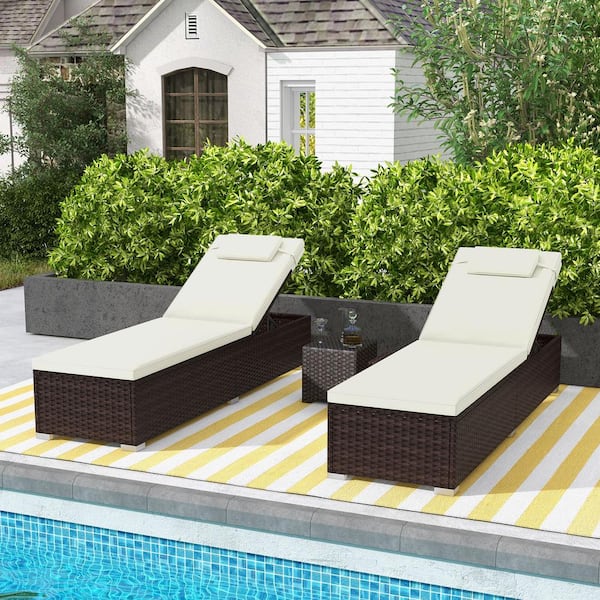 ANGELES HOME Set of 2 Mix Brown Wicker Outdoor Chaise Lounge with Off White Cushions, Backrest Seat and Headrest