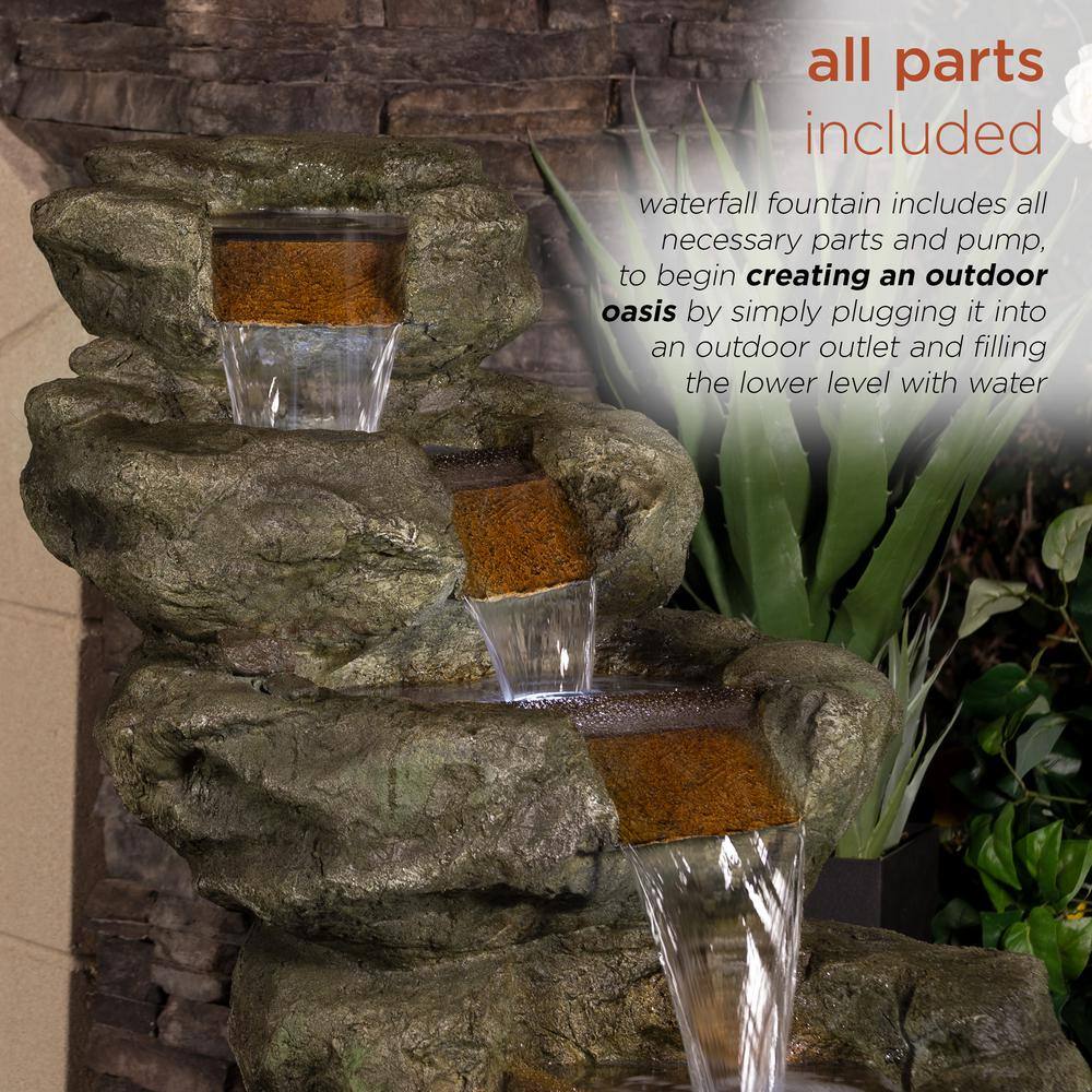 48" Dark Moss Green Multi-Tier Resin Outdoor Waterfall Fountain with LED Lights