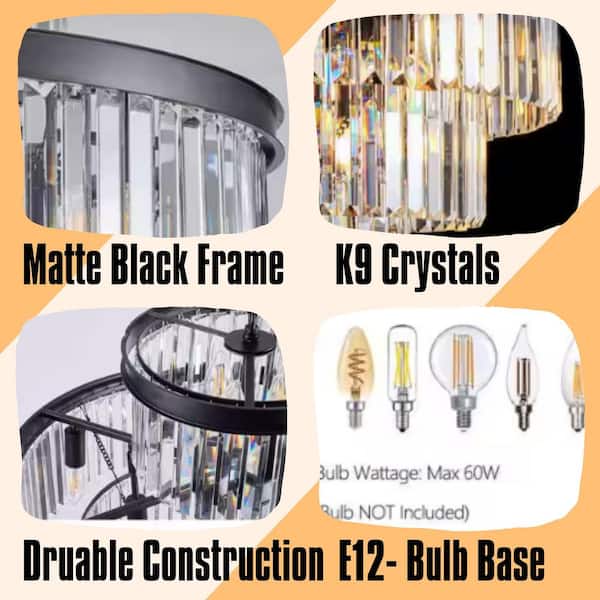 12-Light Black Crystal Chandelier, Modern 4-Tier Pendant for Living Room(No Bulbs)