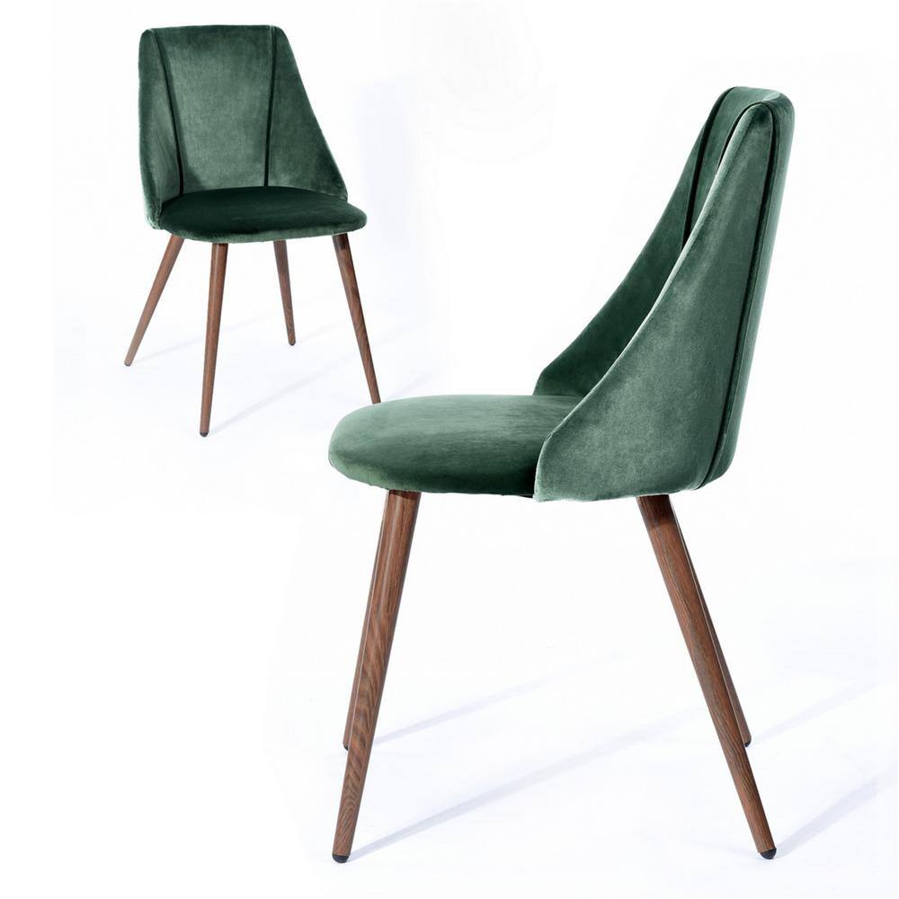 Green Velvet Upholstered High Back Side Chair with Walnut Metal Legs