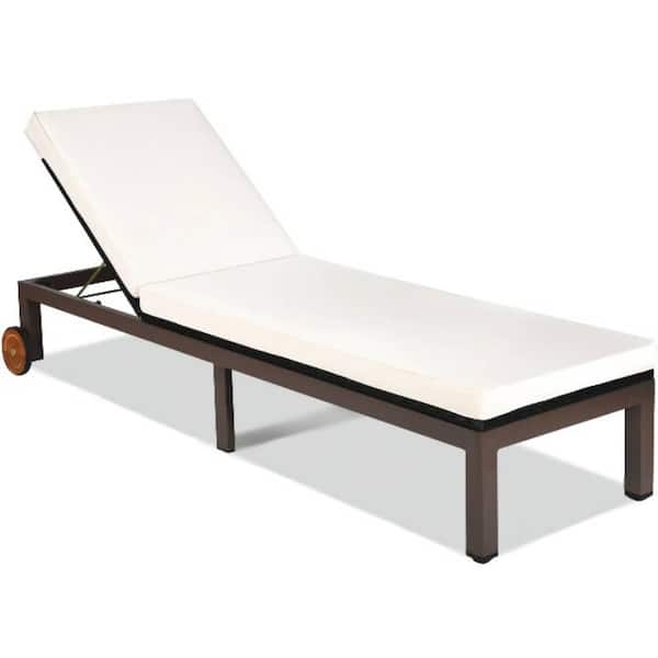 SUGIFT Brown Adjustable Wicker Outdoor Chaise Lounge with White Cushion and Wheels