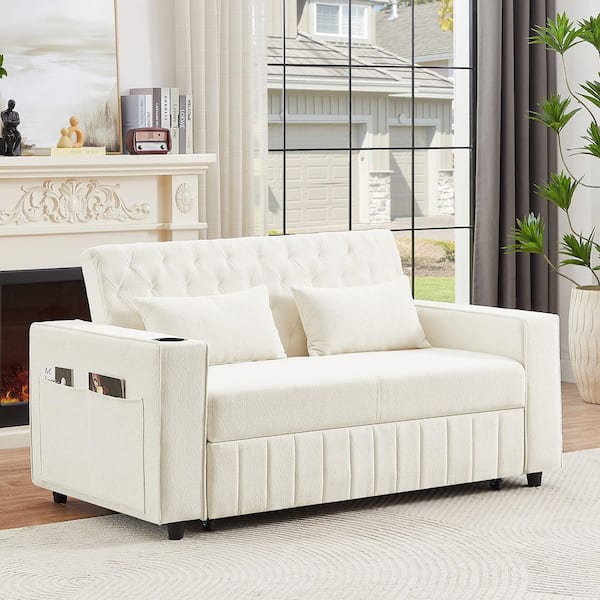 Nestfair 32.48 in. Beige Chenille 2-Seater Pull-Out Full Size Sofa Bed Convertible Couch with Adjustable Backrest