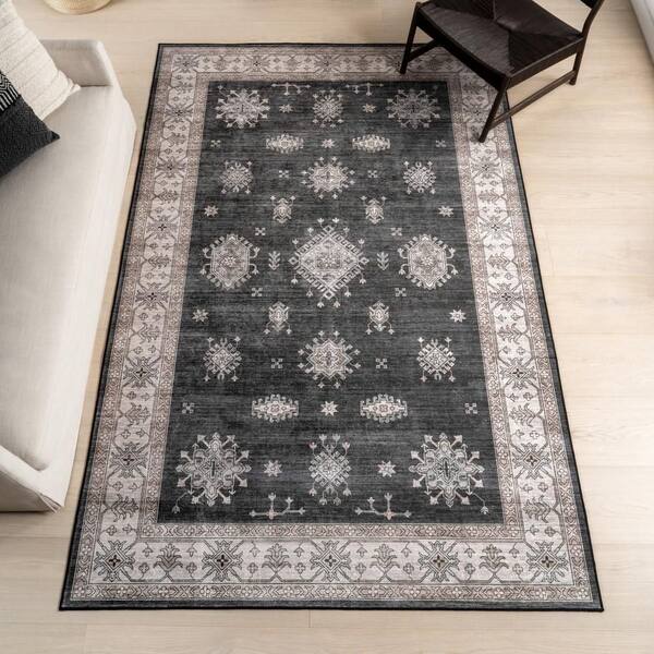Andrea Bordered Spill Proof Washable Charcoal 8 ft. x 10 ft. Indoor Area Rug