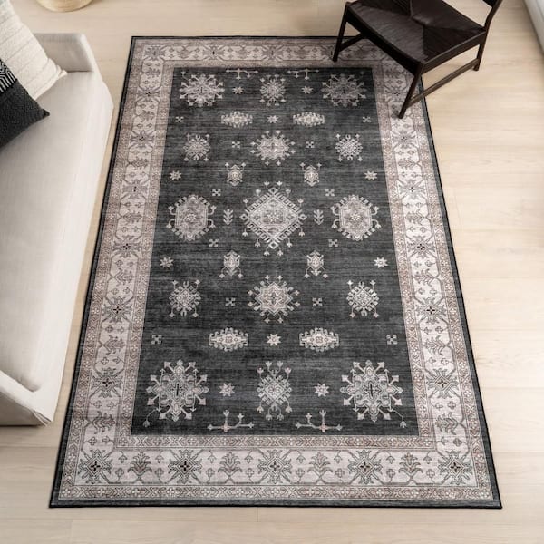 Andrea Bordered Spill Proof Washable Charcoal 6 ft. x 6 ft. Indoor Area Rug