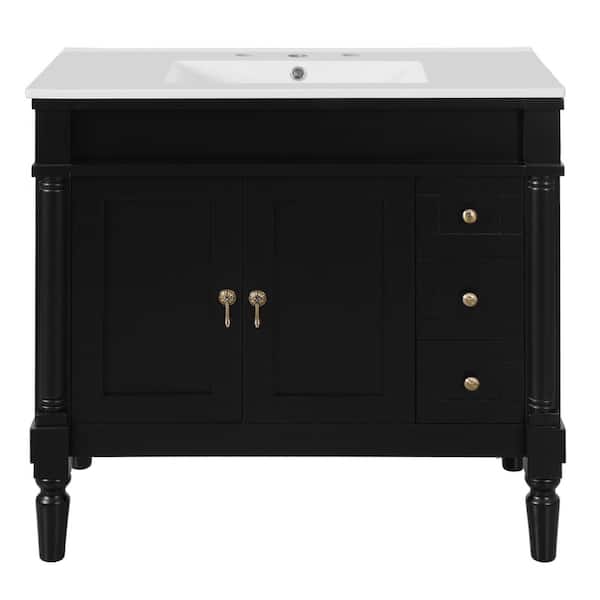 Virubi 36 in. W Freestanding Black Bath Vanity with White Ceramic Top, Delicate Golden Handles
