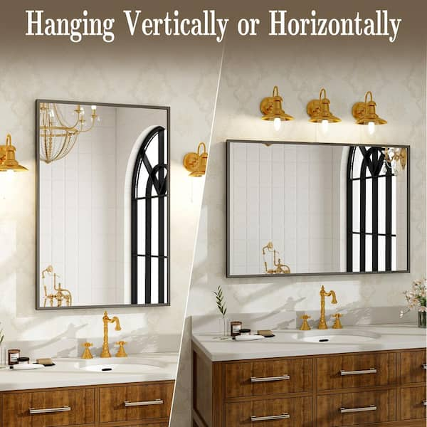 24.1 in. W x 35.8 in. H Rectangular Metal Framed Wall Bathroom Vanity Mirror Black