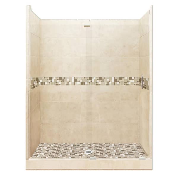 American Bath Factory Tuscany Grand Slider 32 in. x 60 in. x 80 in. Center Drain Alcove Shower Kit in Desert Sand and Satin Nickel Hardware
