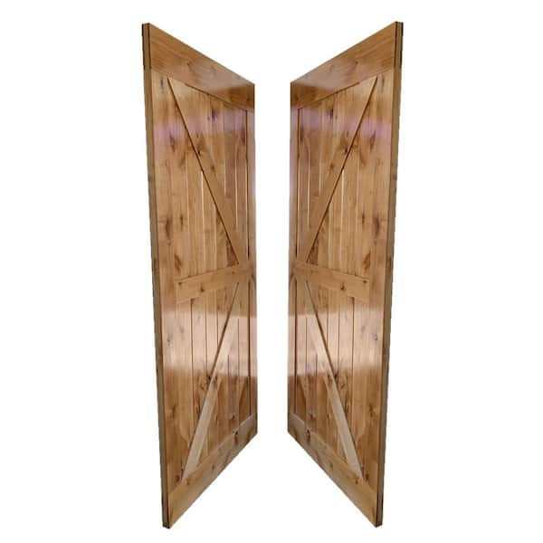 Double 36 in. x 84 in. Biparting Solid Core Clear Gloss Finished Alder Wood Sliding Barn Doors with Hardware Kit