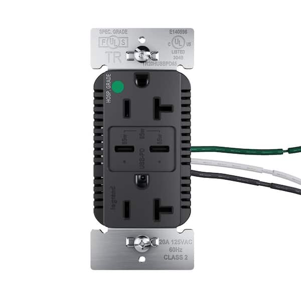 20 Amp Tamper Resistant 65-Watt Hospital Grade Power Delivery USB Type C Duplex Outlet Black