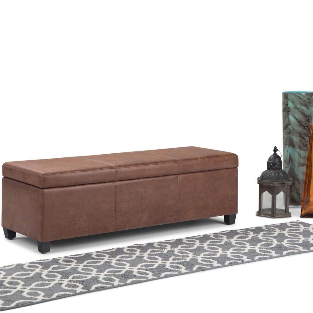 Distressed Umber Brown Faux Leather Storage Ottoman Bench