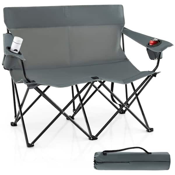 Oversized Double Camping Chair 2-Person Outdoor Heavy Duty Lawn Chair with Armrests and Cup Holders Grey