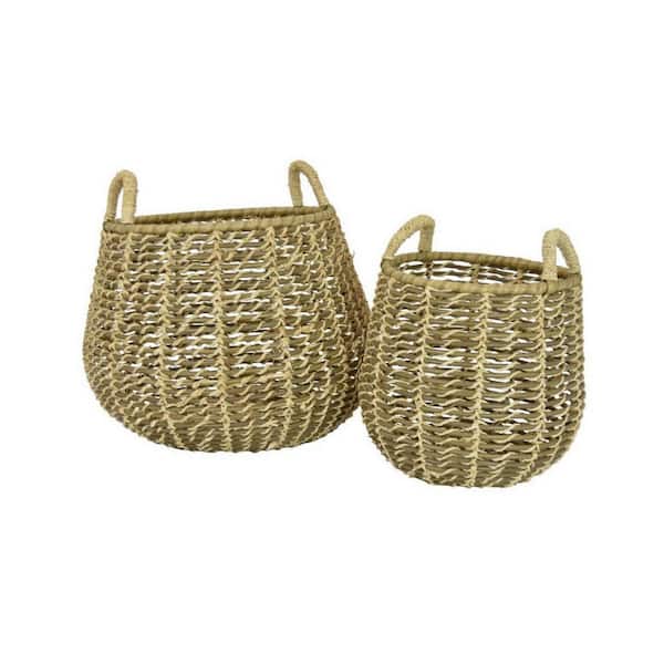 Benjara Brown Woven Rattan Construction Decorative Storage Baskets with 2 Handles (Set of 2)