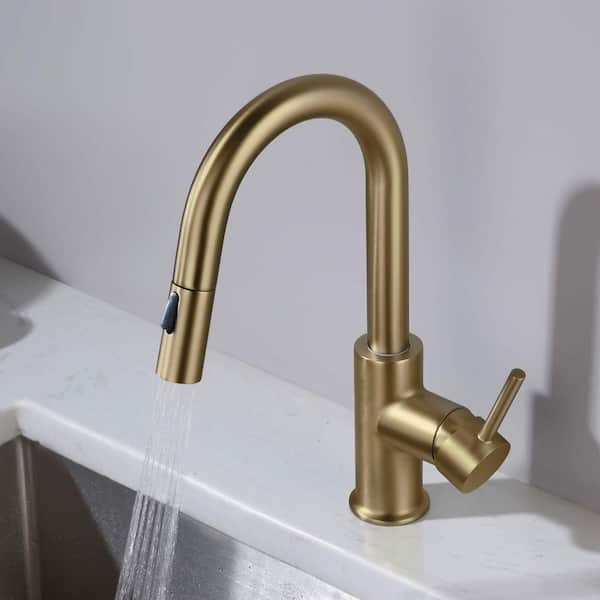 Brushed Brass 13.44 in. H Pull Down Sprayer Kitchen Faucet With 360 ° Spout Swivel