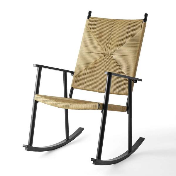 ESILOO All-Weather Metal Outdoor Rocking Chair with Natural Rush Weave ...