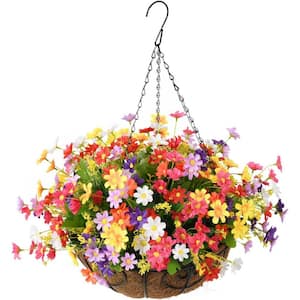 20 in. Artificial Hanging Flowers in Basket, Outdoor Indoor Patio Lawn Garden Decor, Multicolored
