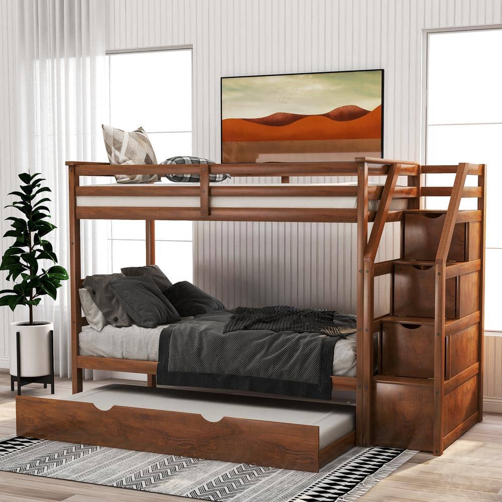 Harper & Bright Designs Walnut Twin Over Twin Wood Bunk Bed with Twin Size Trundle and Storage Stairs, Brown