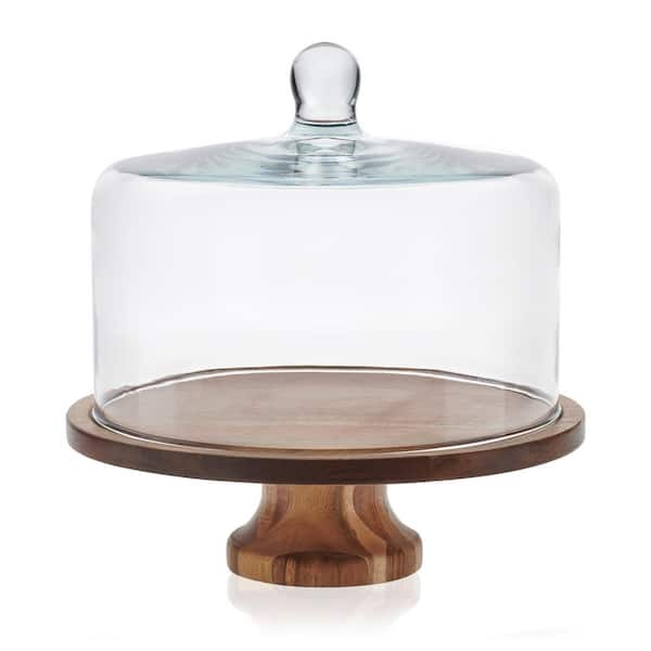 Libbey Acaciawood Footed Round Wood Server with Glass Dome