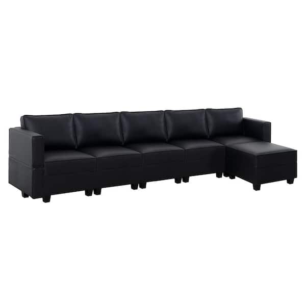 138.59 in. W Faux Leather 5-Seater Modular Sectional Sofa with Double Ottoman in 1-Piece in Black