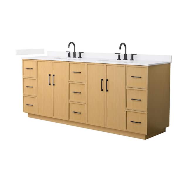 Elan TK 84 in. Double Freestanding Light Oak Bath Vanity with White Quartz Top (Assembled)