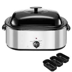 24 qt. Electric Roaster Oven with Adjustable Temp, Silver Slow Cooker Buffet Server with 3-Bins, Self-Basting Lid