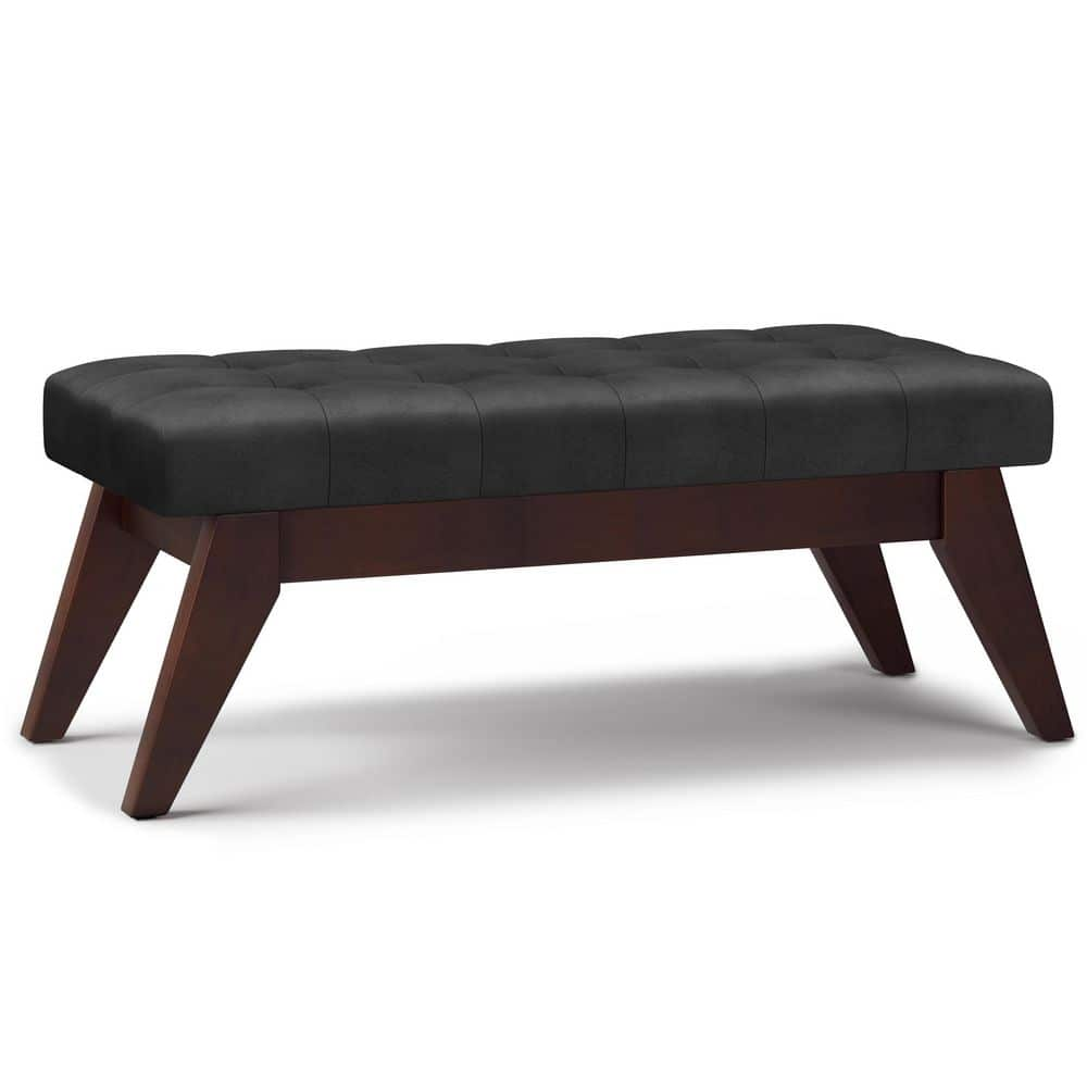 Simpli Home Draper 40" Wide Modern Ottoman Bench in Distressed Black Faux Leather