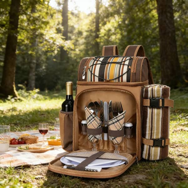 Polyester Picnic Basket Backpack with 2-Insulated Cooler Compartment, Wine Holder, Fleece Blanket, Cutlery Set, Brown