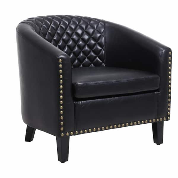 ATHMILE Black Pu Leather Accent Barrel Chair with Nailheads and