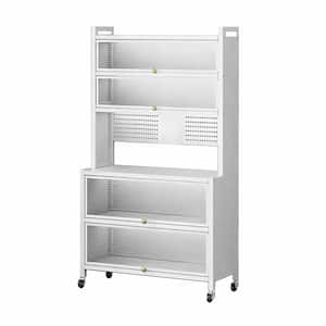 White Metal Microwave Cart, 5-Tier Microwave Stand Standing Kitchen Bakers Rack with Wheels and Flip Door Cabinet