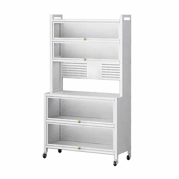 Tileon White Metal Microwave Cart, 5-Tier Microwave Stand Standing Kitchen Bakers Rack with Wheels and Flip Door Cabinet