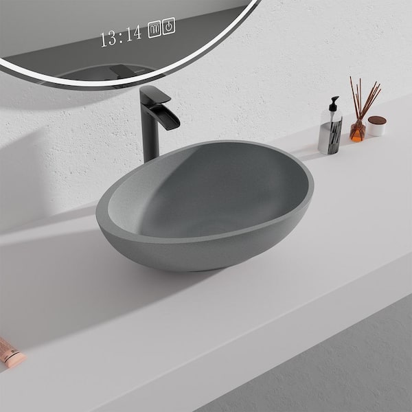 CASAINC Concrete Egg-Shaped Bathroom Sink Vessel Sink Art Basin in Mottled Bluish Grey with the Same Color Drainer