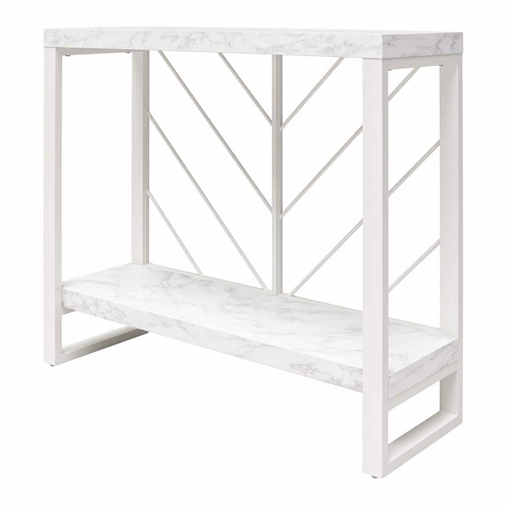 White Faux Marble and Steel Console Table with Storage Shelf
